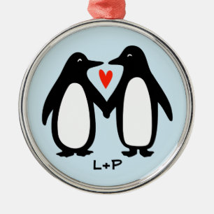Penguins Holding Hands Cute Couple Custom Initials Metal Tree Decoration