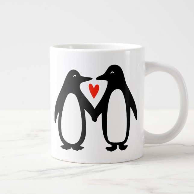 Penguins Holding Hands Cute Couple Large Coffee Mug (Right)