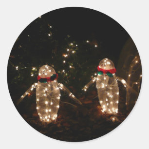 Penguins Holiday Light Display Classic Round Sticker