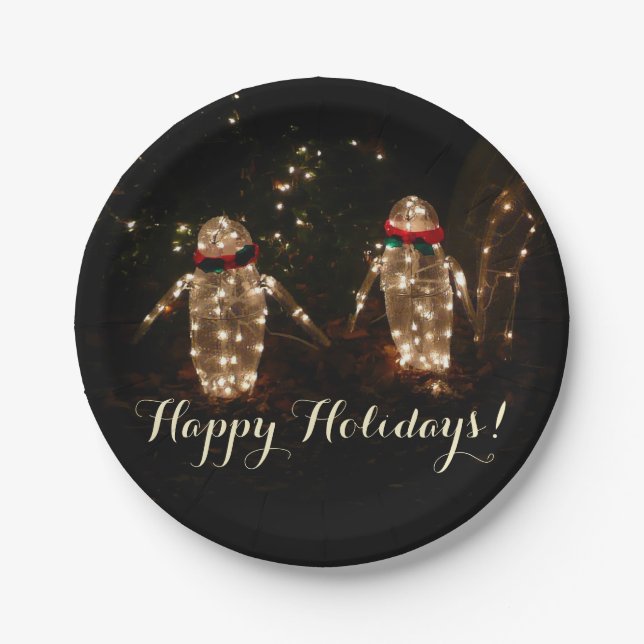 Penguins Holiday Light Display Paper Plate (Front)