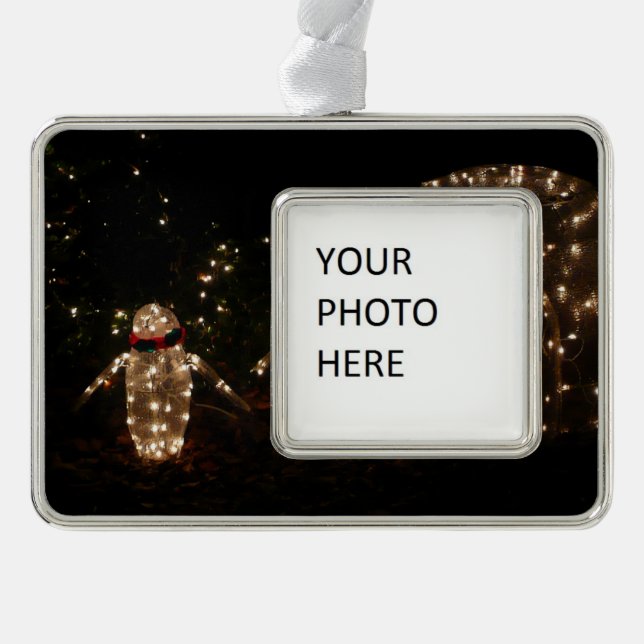 Penguins Holiday Light Display Silver Plated Framed Ornament (Front)