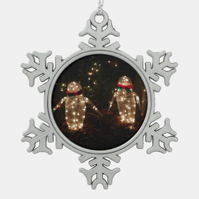 Penguins Holiday Light Display Snowflake Pewter Christmas Ornament (Front)