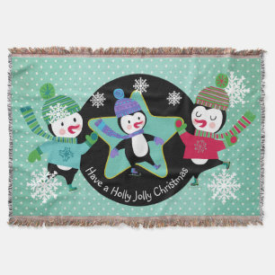 Penguins Holly Jolly Christmas Holiday Throw Blanket