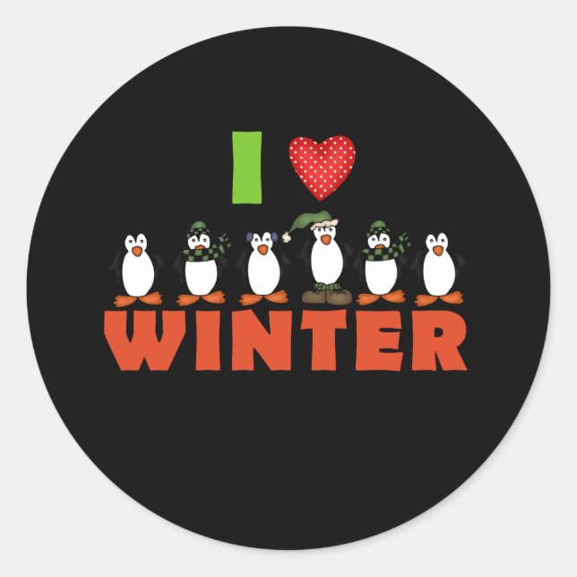 Penguins I Love Winter Holidays Classic Round Sticker (Front)