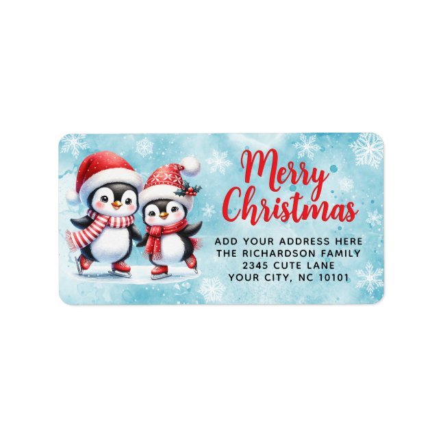 Penguins Ice Skating Blue Red Merry Christmas Label (Front)