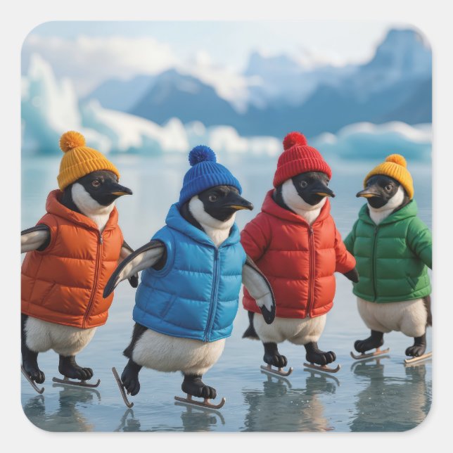 Penguins Ice Skating On an Arctic Lake Square Sticker (Front)