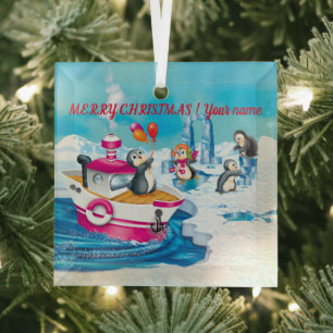 penguins in Antarctica   Glass Tree Decoration
