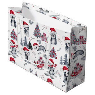 Penguins in Santa Hats Winter Scene Pattern Large  Large Gift Bag