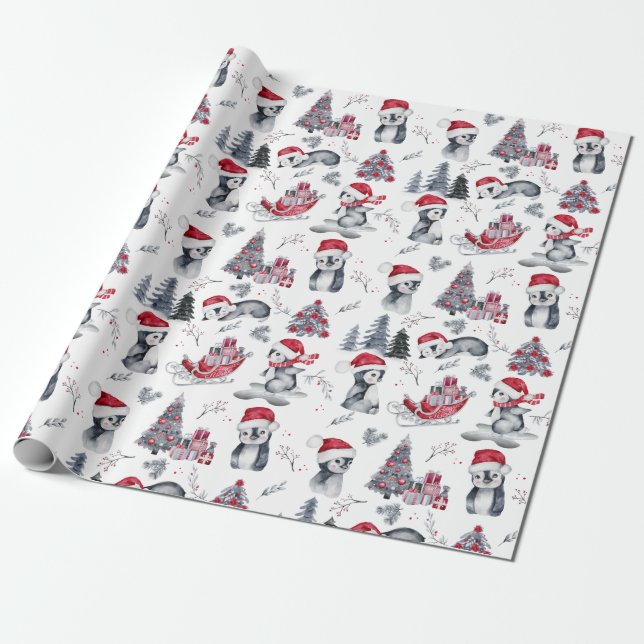 Penguins in Santa Hats Winter Scene Pattern Wrapping Paper (Unrolled)
