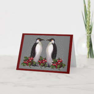 Penguins In Snow: Couple Christmas: Holly: Art Holiday Card
