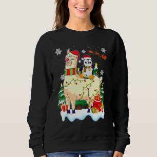 Penguins Lover Xmas Lighting Penguin Riding Llama Sweatshirt