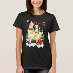 Penguins Lover Xmas Lighting Penguin Riding Llama  T-Shirt