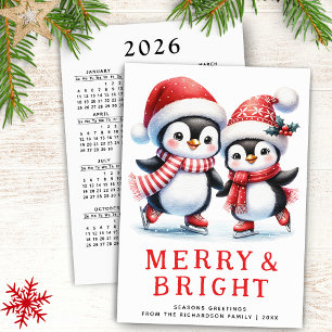 Penguins Merry Bright White Red Modern Christmas Holiday Card