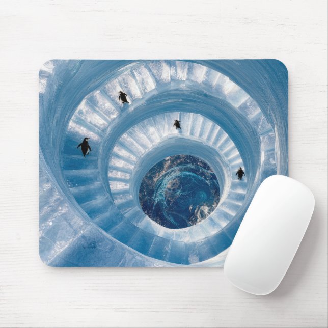 Penguins on a Spiral Iceberg Staircase Mouse Pad (With Mouse)