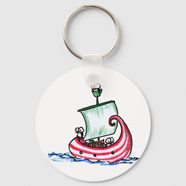 Penguins Sailing in a Christmas Boat Key Ring (Front)