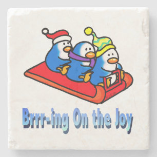 Penguins Sledding Winter Holiday Scene Stone Coaster