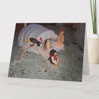 Penguins Sliding Down Slope in Decorated Yard Card