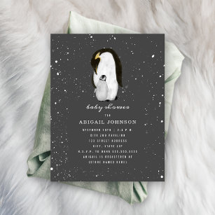 Penguins Snow Dark Grey Winter Baby Shower Invitation