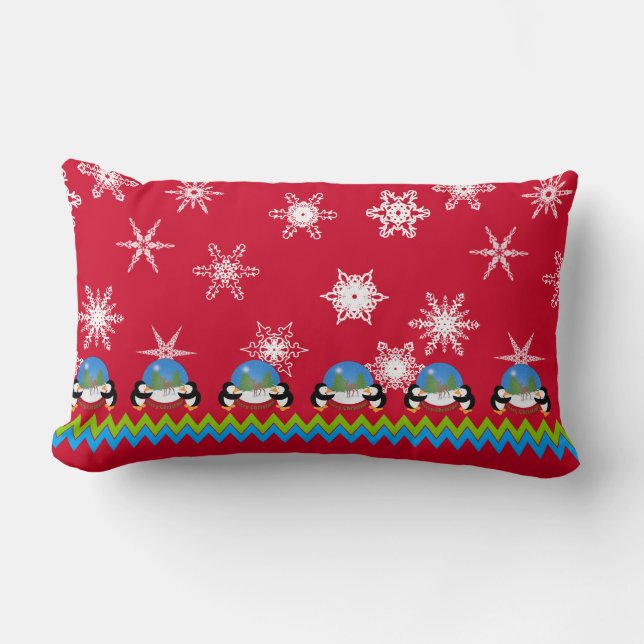 Penguins, Snowflakes and Snowglobes | Christmas Lumbar Cushion (Front)