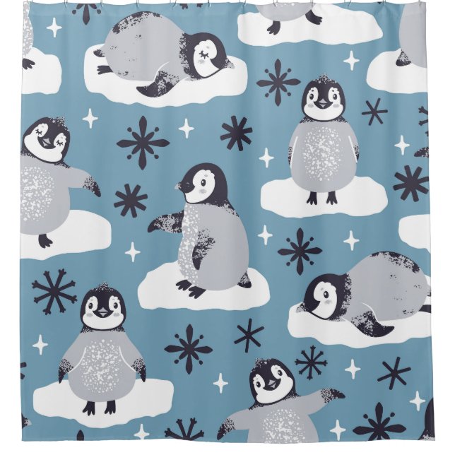 Penguins Snowflakes Winter Seamless Pattern Shower Curtain (Front)