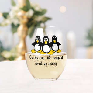 Penguins steal my sanity stemless wine glass