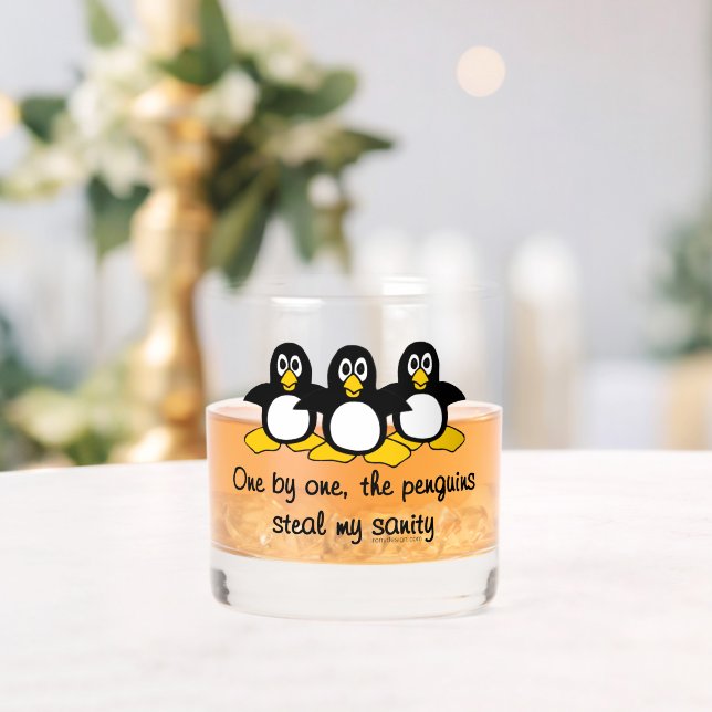 Penguins steal my sanity whiskey glass (Insitu (Wedding))