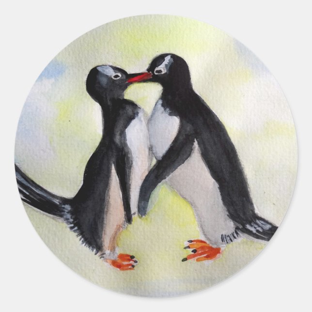 Penguins Watercolor Classic Round Sticker, Glossy Sticker (Front)