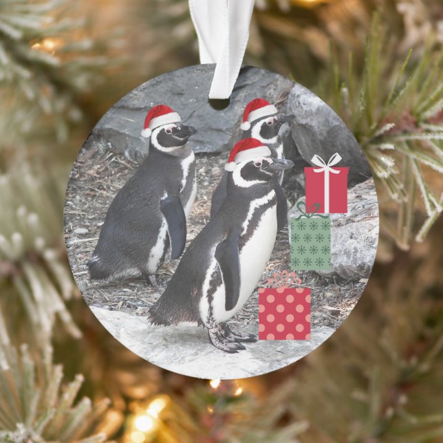 Penguins Wearing Santa Hats Holiday Ornament (Tree)