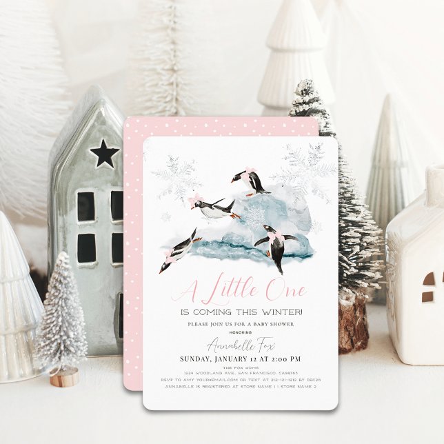 Penguins Winter Snowflake Pink Girl Baby Shower Invitation (Creator Uploaded)