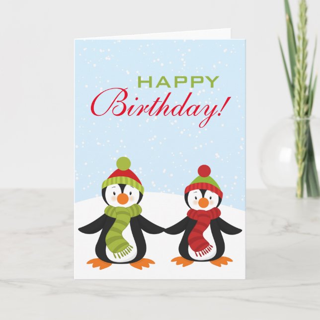 Penguins Winter Wonderland Birthday Greeting Card (Front)