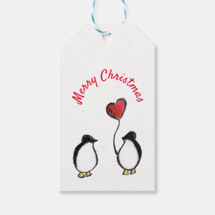 Penguins with heart balloon Christmas label