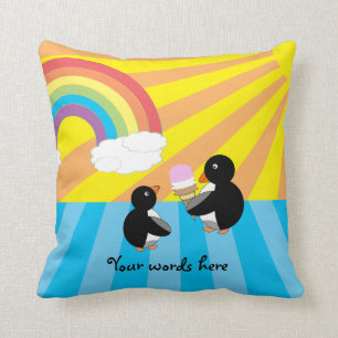Penguins with ice cream and rainbow cushion