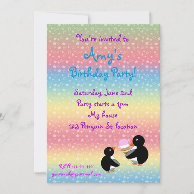 Penguins with ice cream onrainbow stars invitation (Front)