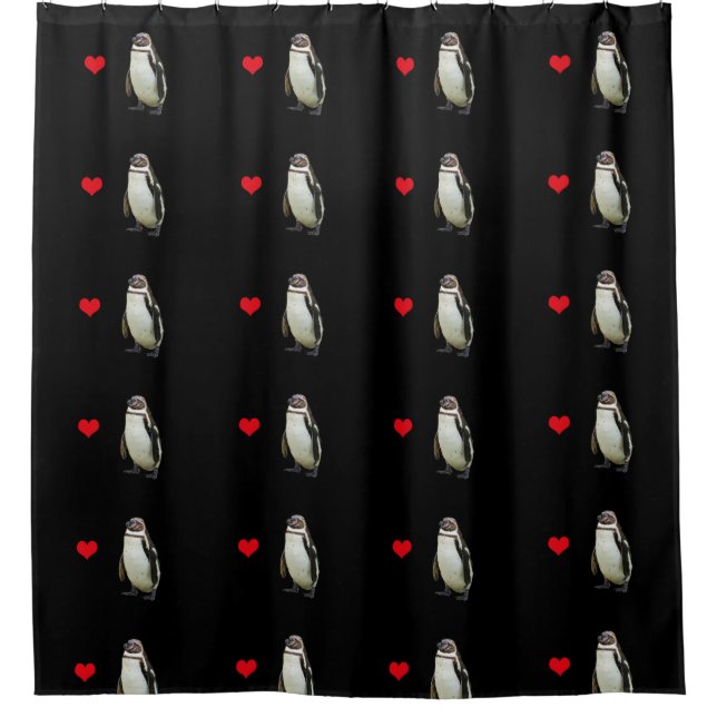 Penguins with Red Hearts Pattern on Black Shower Curtain (Front)