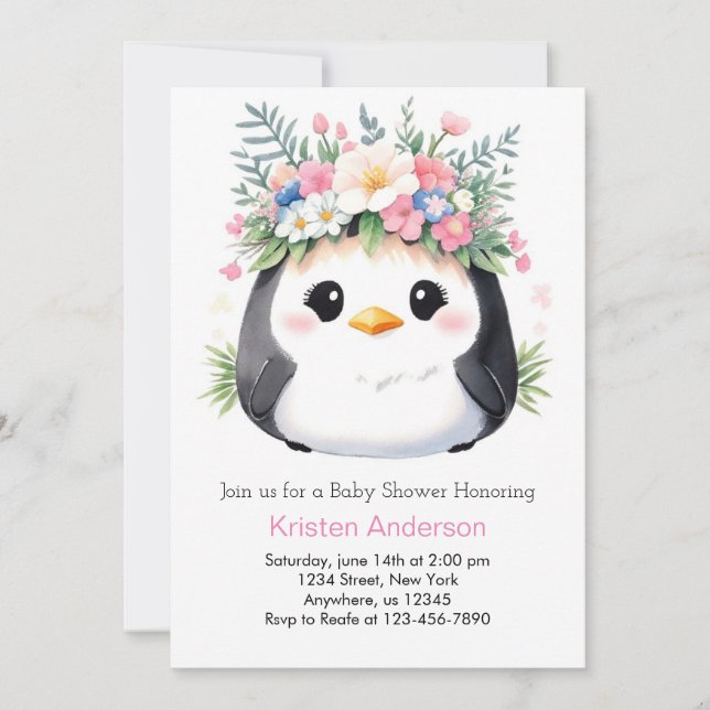 Penguin's Wonderland Girl Pink Baby Shower Invitation (Front)