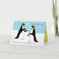 Pengy penguin snowball juggling.Birthday Card