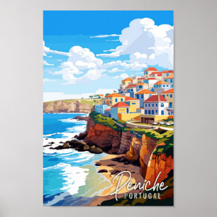 Peniche Portugal vintage travel illustration Poster