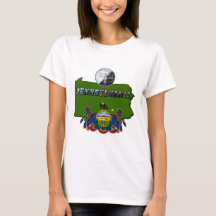 Pennsylvania Map, Quarter, Flag and Picture Text T-Shirt