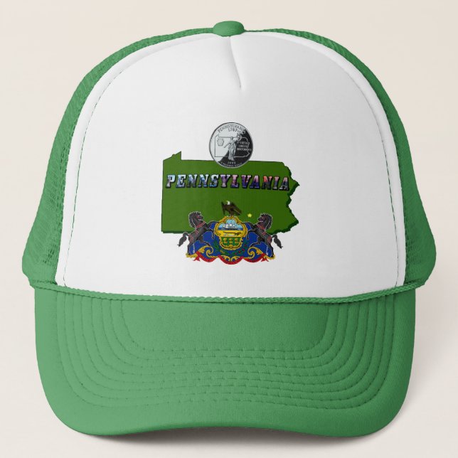 Pennsylvania Map, Quarter, Flag and Picture Text Trucker Hat (Front)