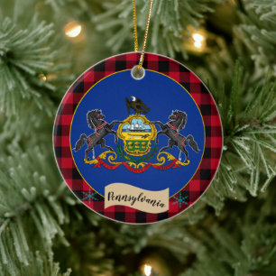 Pennsylvania, Red buffalo plaid, Pennsylvania Flag Ceramic Tree Decoration