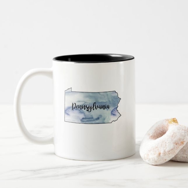 Pennsylvania State Map Watercolor Two-Tone Coffee Mug (With Donut)