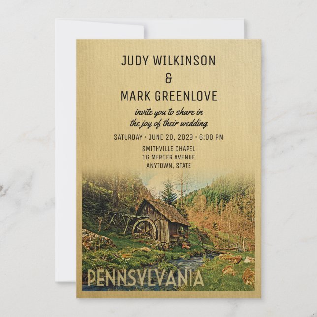 Pennsylvania Wedding Invitation Rustic Cabin Mill (Front)