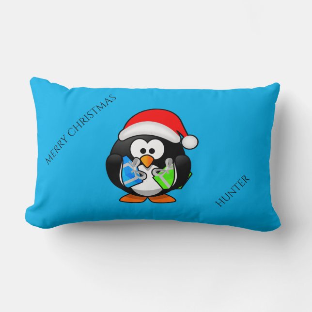 Penquin personalised christmas throw pillow. lumbar cushion (Front)