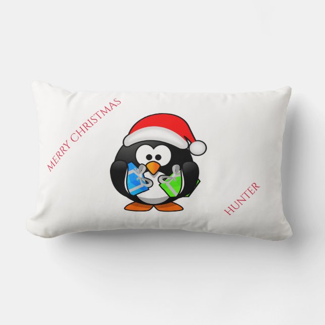 Penquin personalised christmas throw pillow. lumbar cushion (Front)
