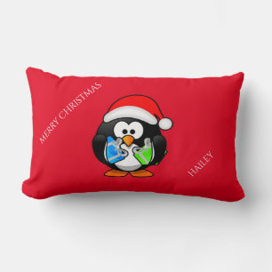 Penquin personalized christmas throw pillow. lumbar cushion