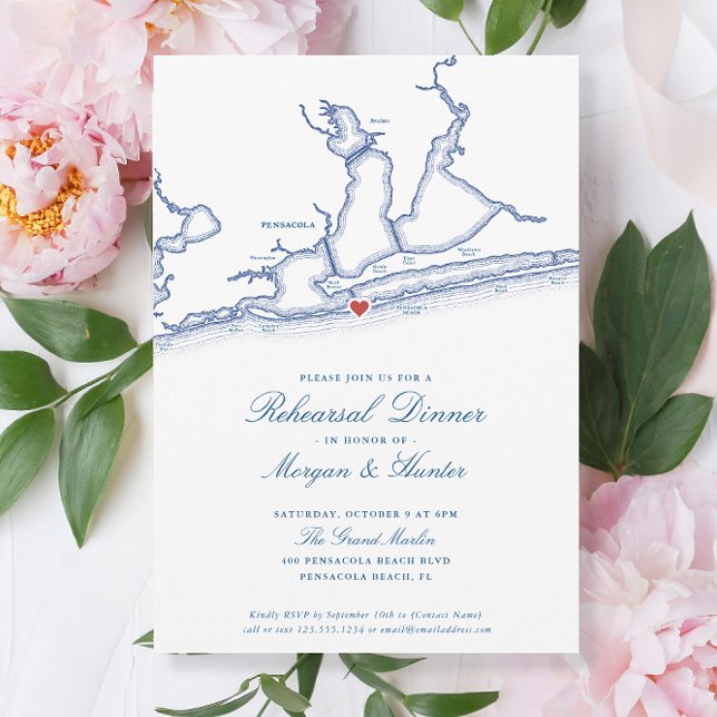 Pensacola Beach FL Elegant Rehearsal Dinner Invitation (Pensacola Beach Wedding Rehearsal Dinner Invitations by Coastal Map Designs)