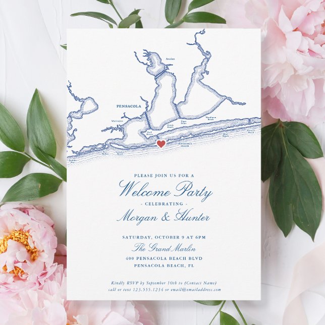 Pensacola Beach FL Elegant Wedding Welcome Party Invitation (Pensacola Beach Wedding Welcome Party Invitations with elegant navy blue map by Coastal Map Designs)
