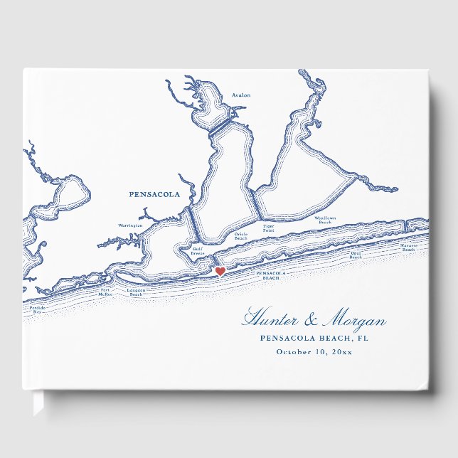 Pensacola Beach FL Map Elegant Navy Blue Wedding Guest Book (Front)