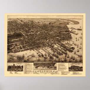 Pensacola, FL Panoramic Map - 1885 Poster
