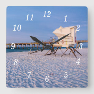 Pensacola Morning Lifeguard Stand And Pier Square Wall Clock